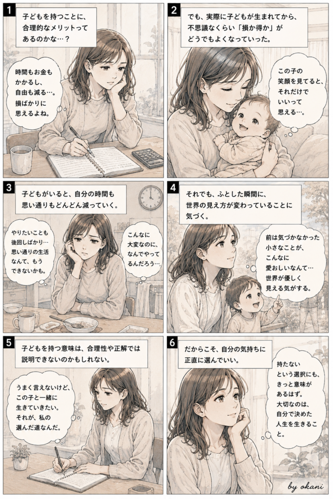 子どもを持つことで合理性や自分中心だった人生の価値観が変わっていく様子を描いた漫画