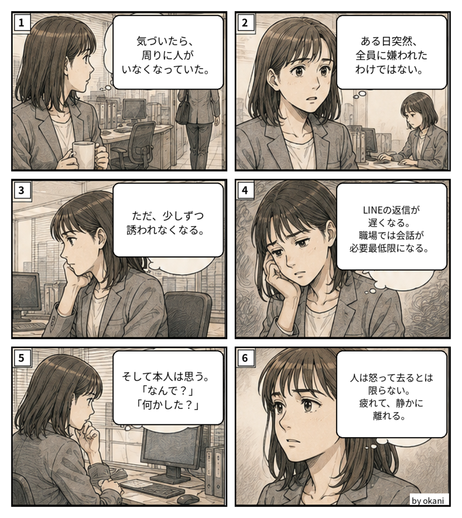 周囲から少しずつ誘われなくなり、なぜ人が離れたのか戸惑う女性の漫画