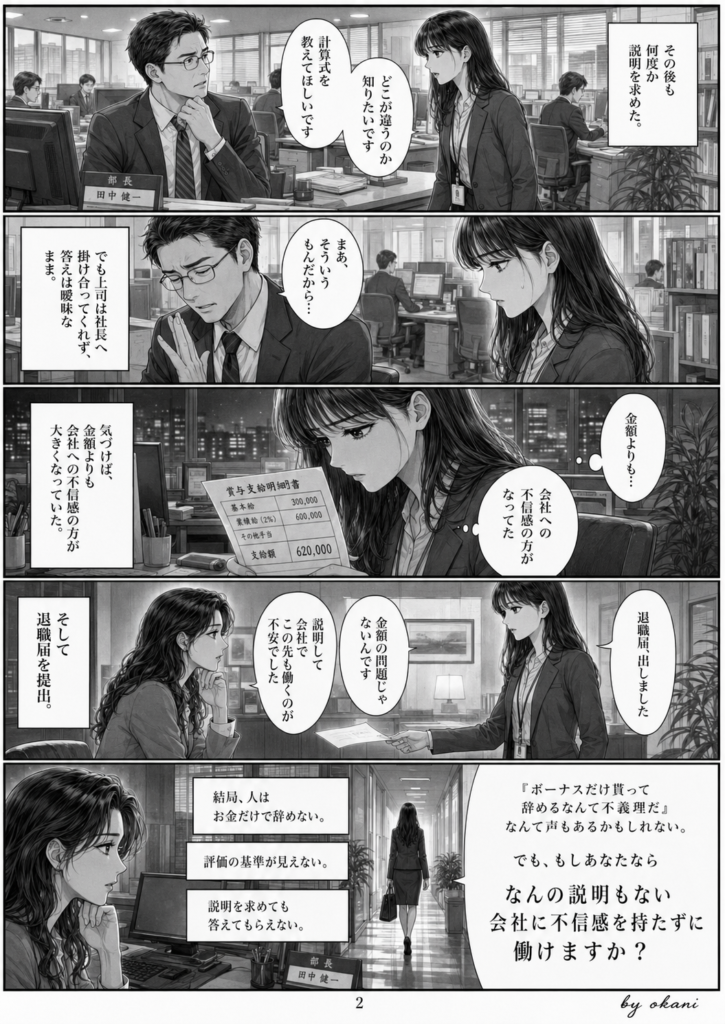 ボーナスの説明を受けられず、会社への不信感から退職届を提出する後輩の漫画