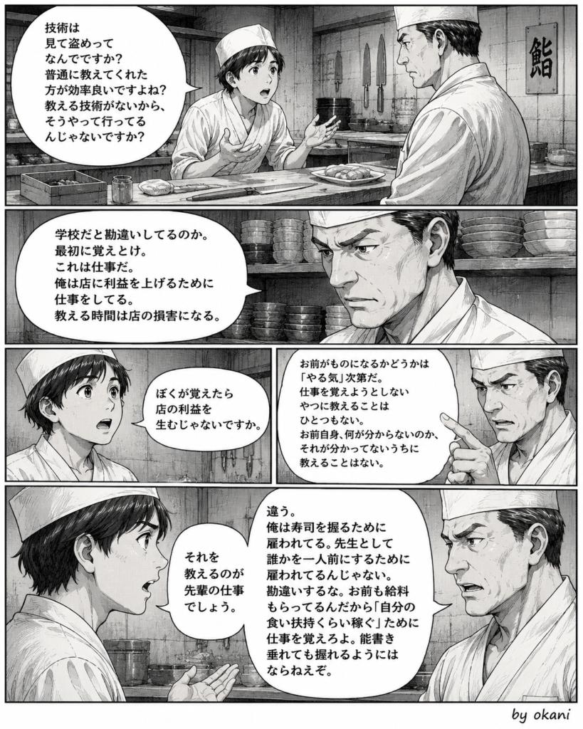 寿司店の作業場で「技術は見て盗め」を巡り、寿司職人と新弟子が仕事の教え方について議論する漫画
