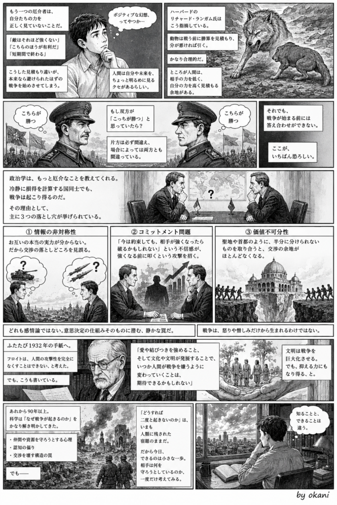 認知の偏りや国家間交渉の問題から戦争がなくならない理由を考え、フロイトの問いへ戻る漫画