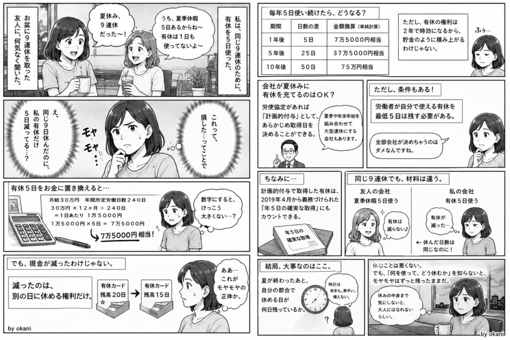 友人も主人公も9連休だったが、友人は夏季休暇5日を利用して有休を使っておらず、主人公だけ有休が5日減っていると分かる場面。